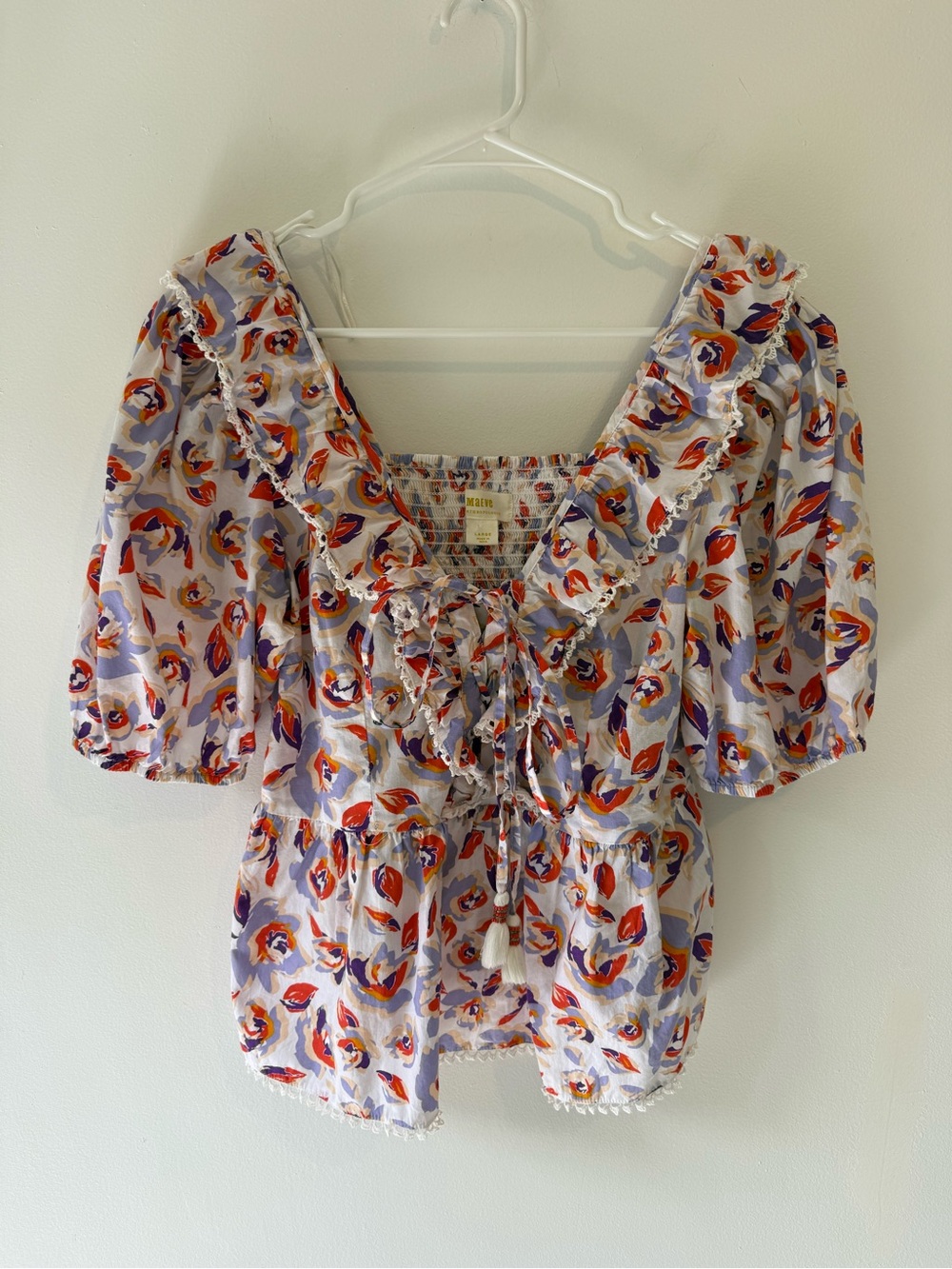 Maeve Anthropologie Floral Ruffle Puff Sleeve Peplum Blouse Cotton Large